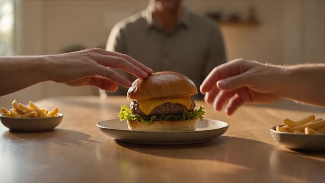 Two people reaching their hands simultaneously to grab a single juicy cheeseburger on a wooden dining table