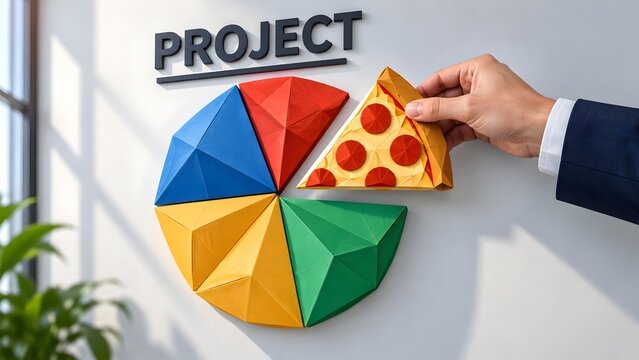 Hand placing origami pizza slice into project pie chart symbolizing creative business resource allocation