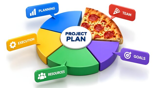 Project plan 3d pie chart with pizza slice representing team collaboration and business strategy