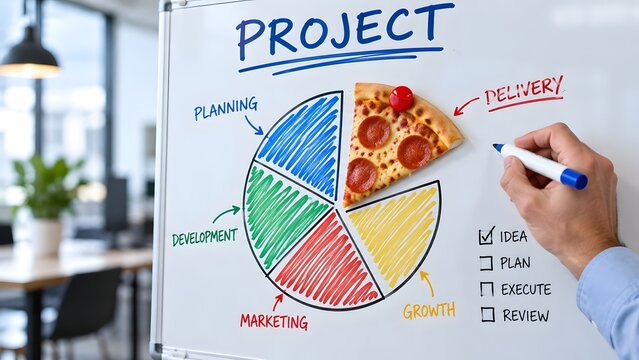 Hand drawing project pie chart on whiteboard with pizza slice representing delivery phase concept