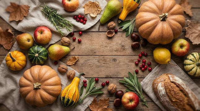 Top view of a rustic autumn harvest frame with pumpkins, apples, nuts and bread on a wooden table with copy space.