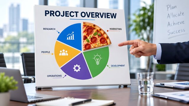 Businessman pointing at project overview pie chart with pizza slice representing marketing strategy concept