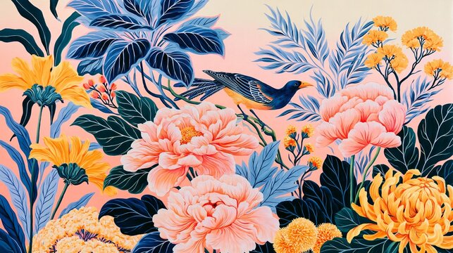 detailed acrylic painting of harmonious flora and fauna