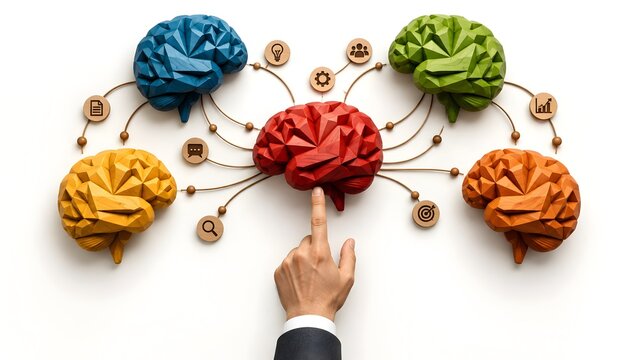 Hand pressing red wooden low poly brain connected to other brains with business icons symbolizing creative problem solving network
