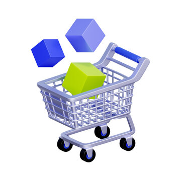 3D illustration of shopping cart with floating cubes for ecommerce retail, online shopping, product delivery, order fulfillment, inventory management, and sale campaign.