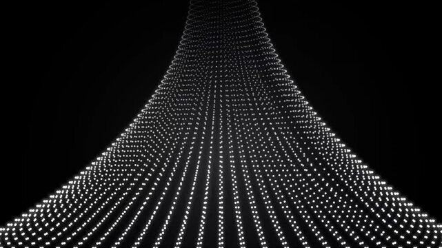Abstract digital wave of white glowing dots on black background, futuristic data visualization network, elegant particle motion graphics for tech presentations