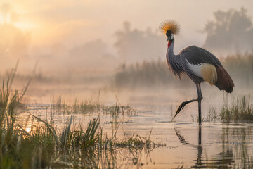 Fototapeta premium Grey crane standing in misty wetland