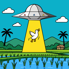 UFO Abducting a Duck Over Rice Field Alien Abduction Concept Illustration © Astro DJ