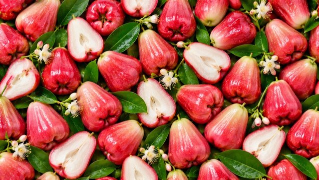 Red Wax Apple Fruit Pattern with Cut Halves, Green Leaves and White Blossoms
