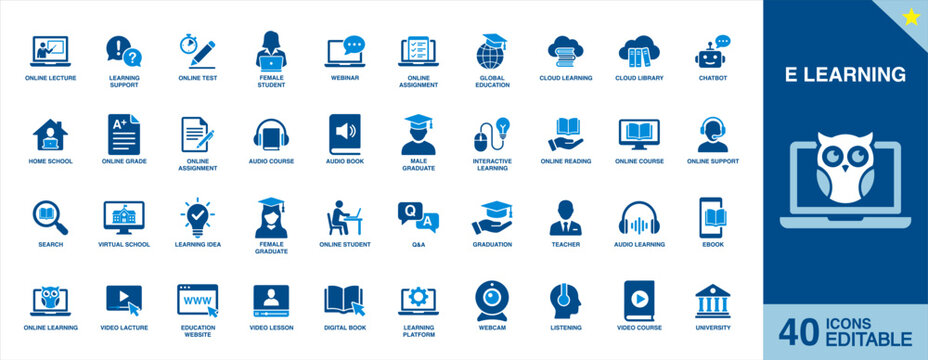E Learning and Online Education, icon set. Containing online lecture, learning support, online test, webinar, assignment, global education, cloud learning and learning platform symbols. 
