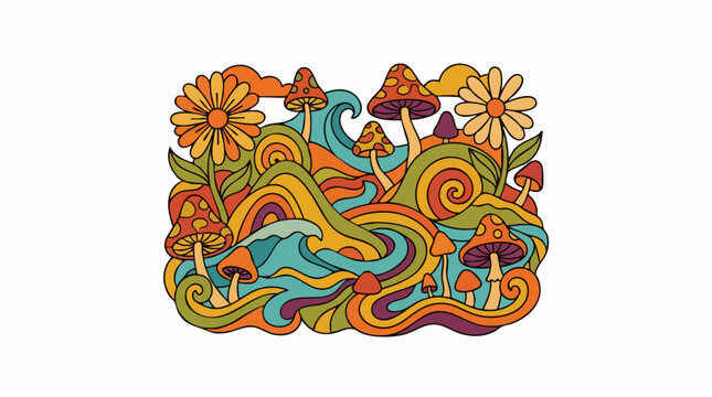 Psychedelic trippy landscape illustration with mushrooms and flowers.
