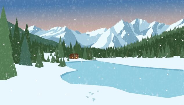 Relaxing winter landscape animation featuring falling snow over a frozen mountain lake, cozy cabin, and pine tree forest. Perfect for relaxing background videos, lo-fi, and winter themes