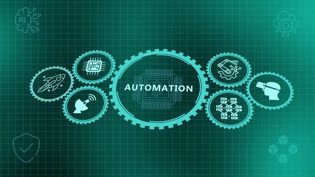 Business process automation animation showing interconnected gear mechanism icons on a green digital grid background.