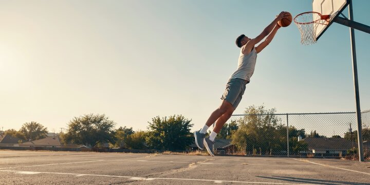 Young man dunking basketball on outdoor court