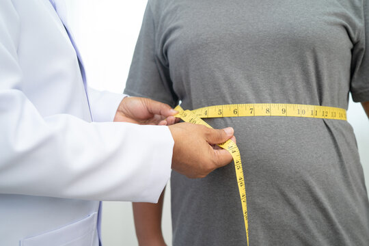 Asian woman with fat belly big size overweight and obesity with measure tape.