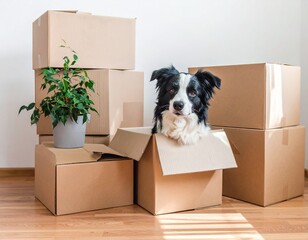 Fototapeta premium Moving day interior with cardboard boxes and a small houseplant as a Border Collie peeks out