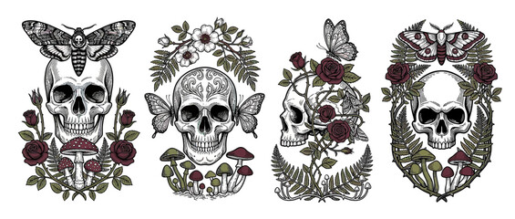 Fototapeta premium Gothic skulls with moths, butterflies, roses, and mushrooms