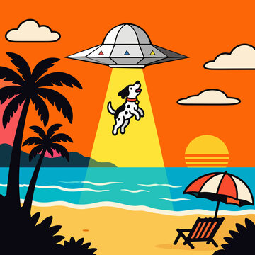UFO Abducting a Dalmatian Dog Over Tropical Beach Sunset &ndash; Alien Abduction Concept Illustration