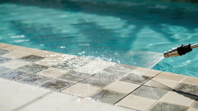 Industrial pressure water jet removing algae from blue swimming pool mosaic tiles during professional seasonal maintenance routine.