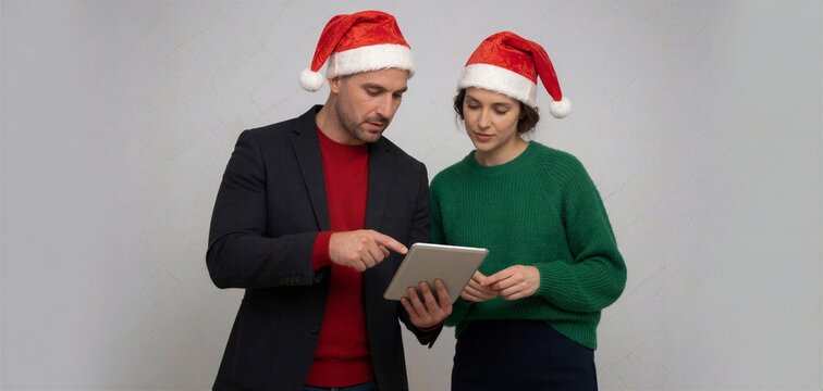Two colleagues wearing Santa hats look at a tablet together, one pointing at the screen in a casual office setting.