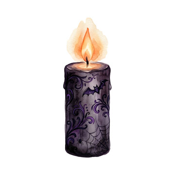 Gothic Halloween candle with bat and spider web patterns, burning black wax candle with orange flame, spooky watercolor occult decoration on white background