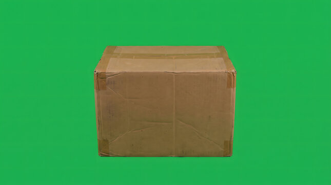 Closed brown cardboard box isolated on a green screen background for shipping and delivery concepts