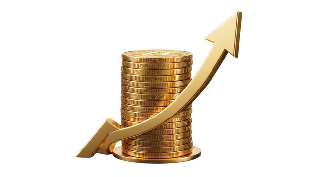 Shiny golden bitcoin stack with rising arrow showing market financial growth