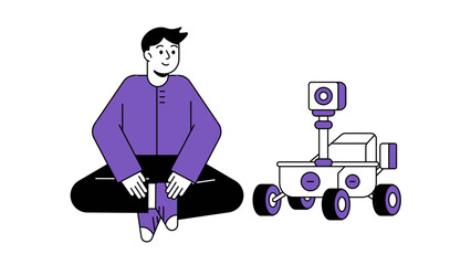 A man sitting on the floor next to a space exploration rover, representing space technology and engineering design © OliveVerse