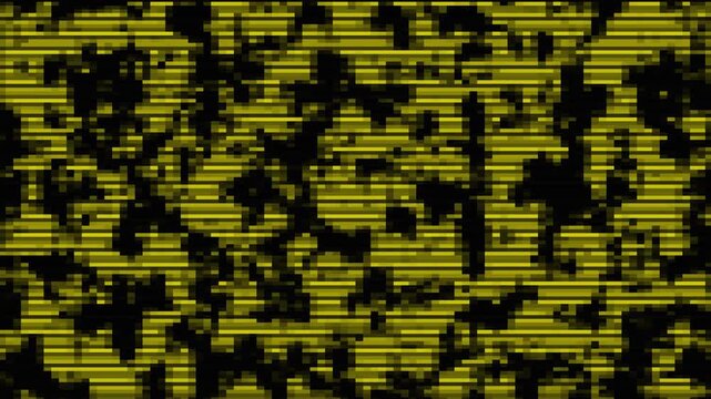 Abstract digital glitch effect with flickering yellow horizontal light lines on black background screen.