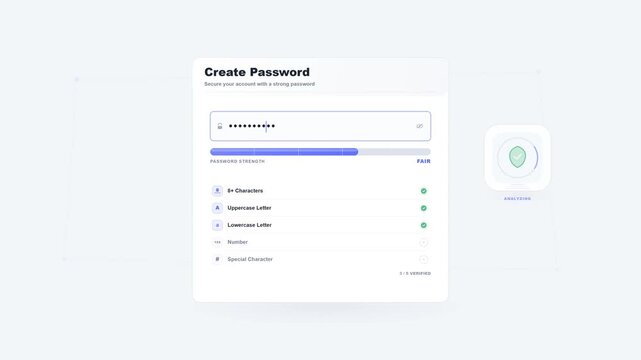 Modern cybersecurity authentication interface showing password analysis, security requirements, verification criteria and password strength progression.