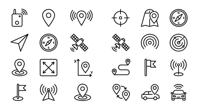 GPS Tracker Icon Element Editable Line Set with Location Pin, Satellite Signal, Navigation, Vehicle Tracking, Geolocation, and Route Symbols