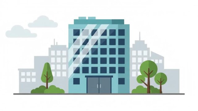Skyscraper building stands tall in a modern urban landscape featuring minimalist vector trees and clear blue skies for professional development.