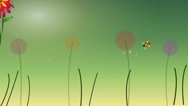 Cartoon Bee Flying in Meadow with Flowers Motion Background