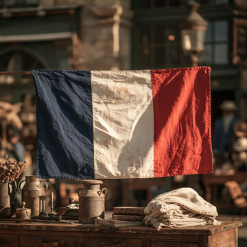 And keywordsFrench flag hanging above antique market table with folded linen