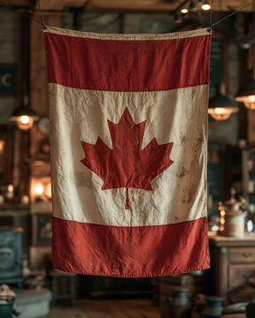 Aged Canadian flag hanging in rustic interior with patriotic feeling