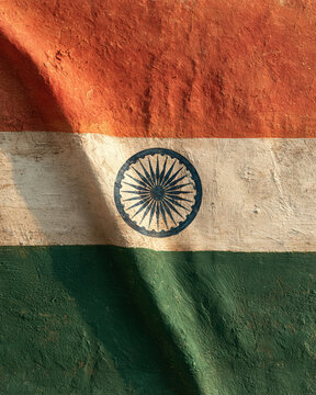 Indian flag hand painted texture with historic weathered surface and warm light