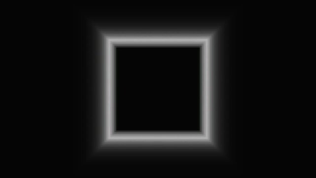 Abstract square geometric frame flickering with glitchy light pulses on plain dark background space.