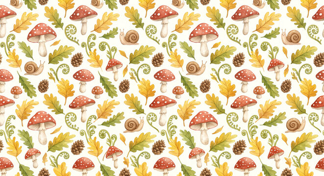 Seamless Watercolor Forest Pattern of Mushrooms Snails Oak Leaves and Moss