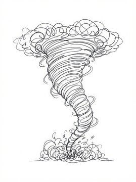 Detailed pen and ink sketch of a powerful tornado spinning with clouds and debris whirlwind disaster swirling
