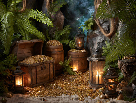 Mysterious tropical pirate treasure cave surrounded by lanterns barrels crates lush foliage and a hidden jungle pathway