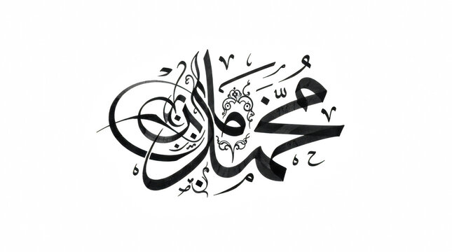 Arabic calligraphy for Muhammad ibn Abdullah with decorative elements isolated on a plain surface