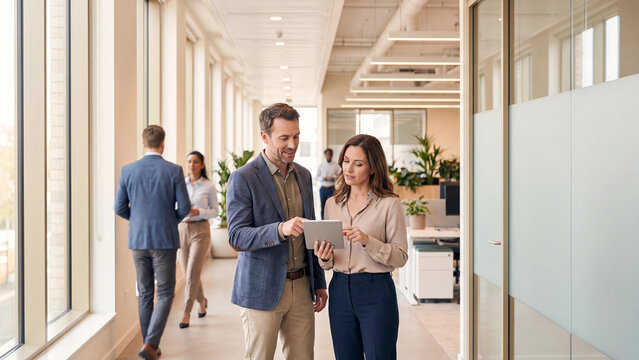 Corporate professionals review digital documents on a tablet computer while standing in a bright office hallway with colleagues in the background.
