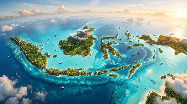 Aerial view of indonesian archipelago islands surrounded by turquoise tropical