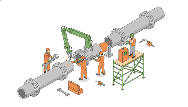 Industrial technicians collaborate to repair a large pipeline using specialized tools and an automated mechanical robotic arm.