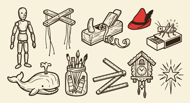 Cute Hand-Drawn Pinocchio Geppetto Wooden Toy Workshop Fairytale Set 10 Objects Marker Doodle Set