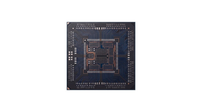 Modern AI Processor Microchip with Detailed Copper Circuits and Blue Substrate Top Down View Isolated on Black Background for Semiconductor Computing Industry