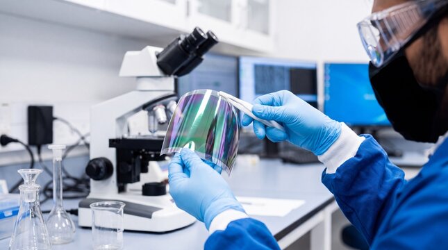 Scientist examining flexible thin film semiconductor material with tweezers next to a microscope in a high tech research laboratory
