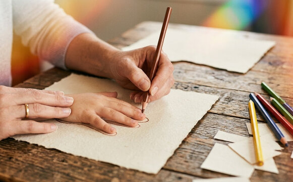 Adult woman drawing outline of child hand on paper with colored pencil on wooden table at home