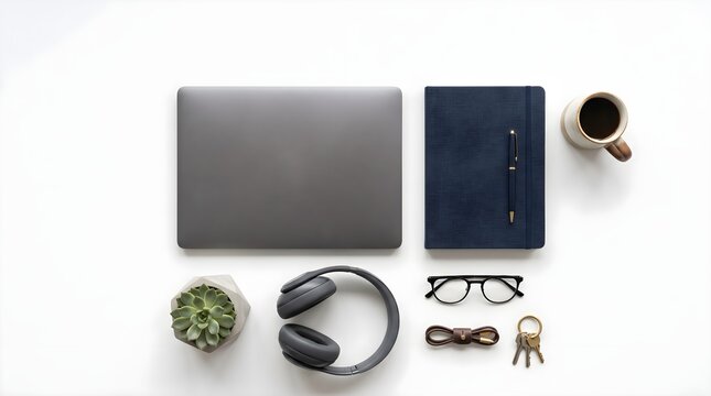 Flat lay workspace setup featuring a grey laptop and organized office accessories