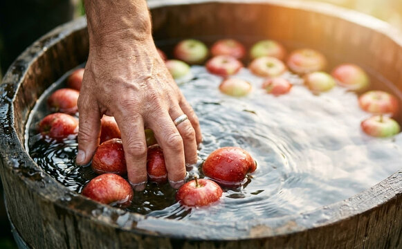 Middle-aged man washing fresh red apples in a wooden barrel of water, harvesting and organic farming concept for sustainable agriculture stock photo